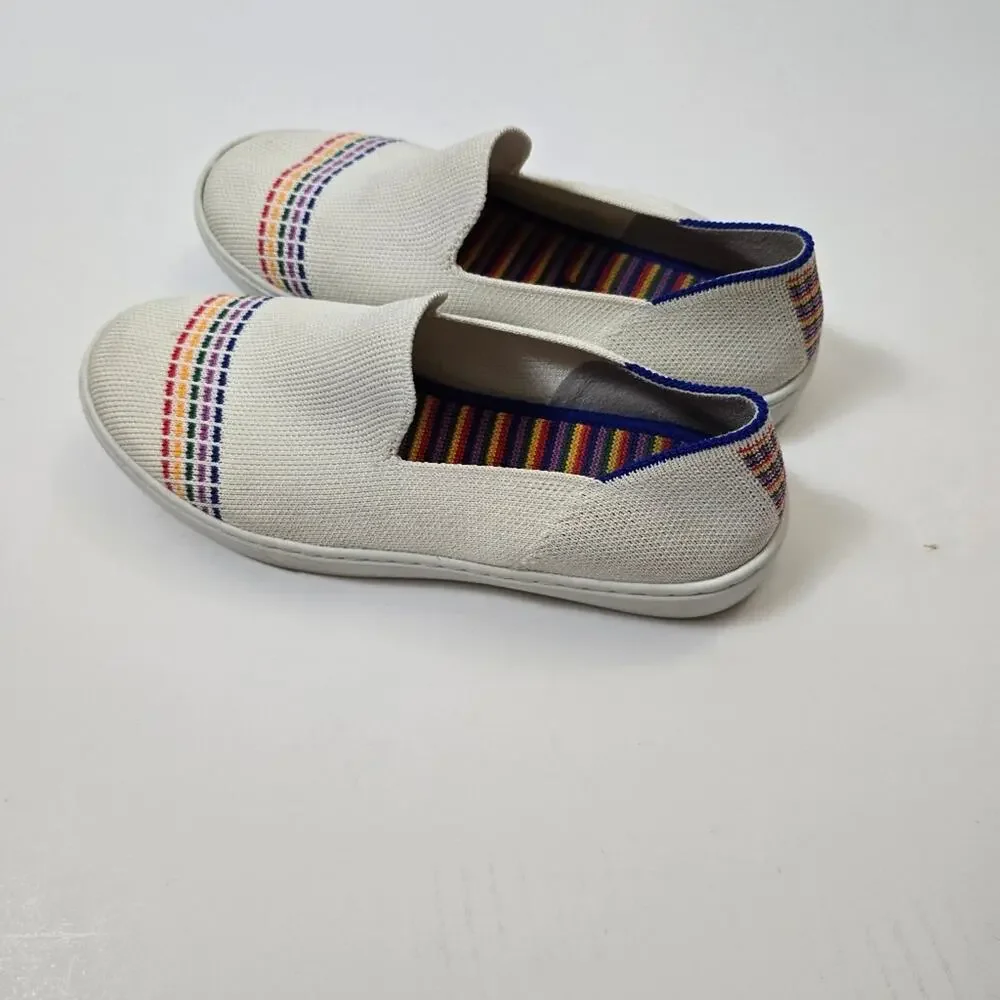 Rothy' The Kid Slip On Sneakers White Rainbow Stripe Knit Shoes 4 Youth Women's